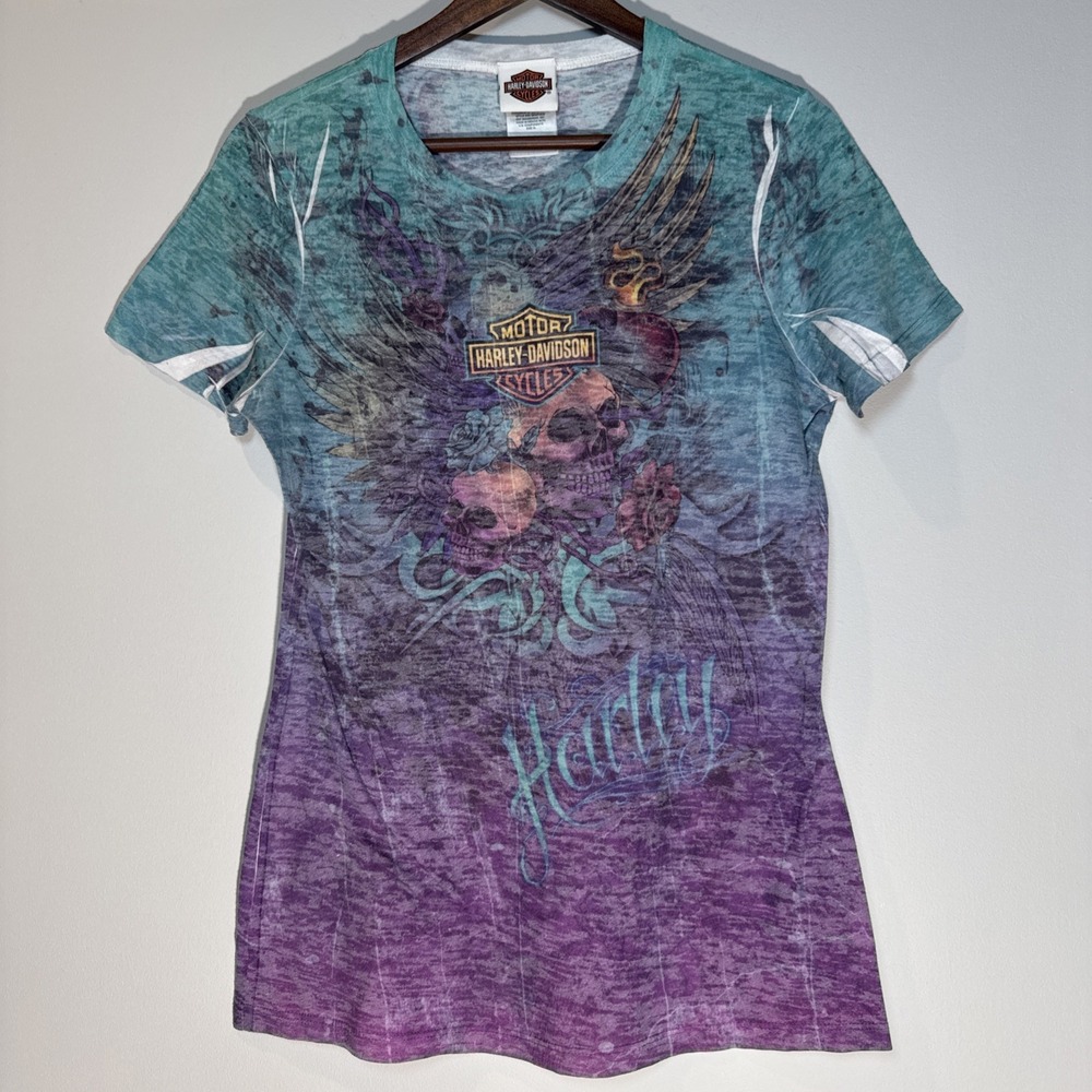 Y2K Harley Davidson Skull Sheer Shirt Green Purple Fitted Slim XL BURNOUT EUC‎